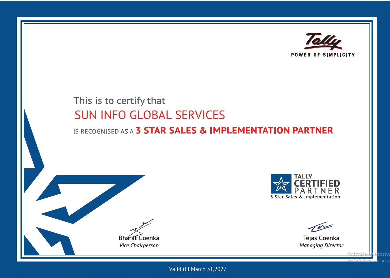 Sun Info Global Services Tally partner certificate